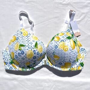 Cacique Boost Plunge Front Close Bra 42DD Lemon Print White Underwire Push Up